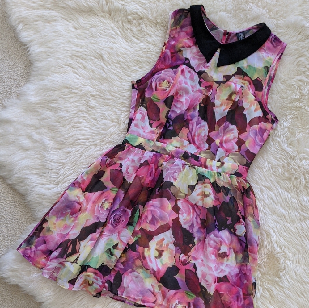 Collar detail floral sleeveless fit & flare dress